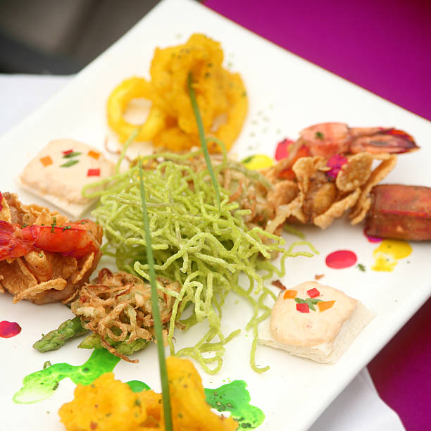 A colorful dish wish an assortment of Asian fusion food.