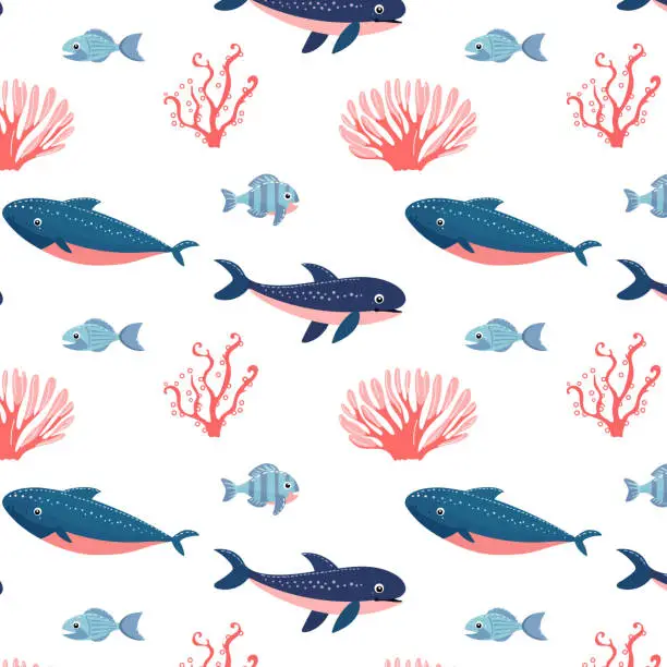 Vector illustration of Seamless pattern with fish and marine animals and algae.