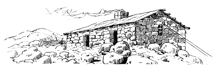 Woodcut of stone cabin. From The Youth's Companion 1897.