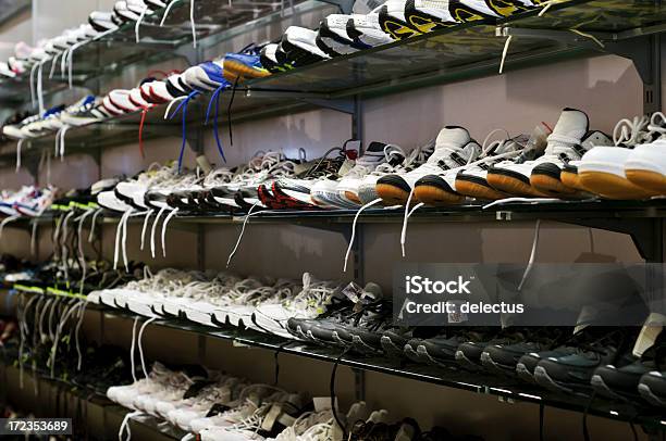 Sport Shoes On The Shelf Stock Photo - Download Image Now - Black Color, Choice, Condition