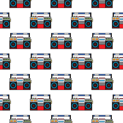 Vector seamless pattern of colorful boomboxes on a white square background.