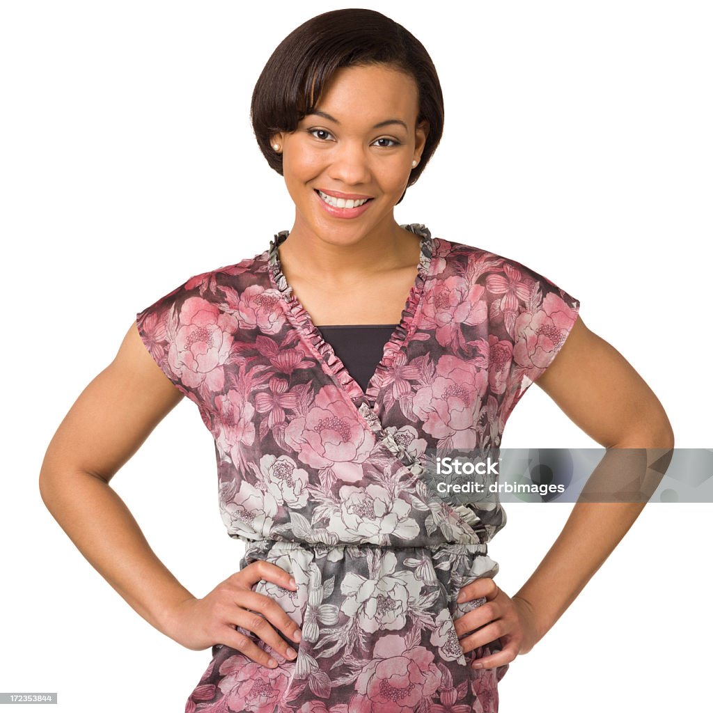 Happy Young Woman With Arms Akimbo Portrait of a young woman on a white background. 20-24 Years Stock Photo