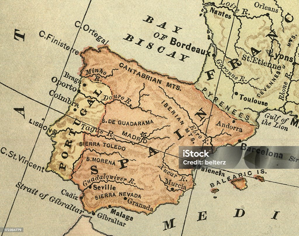 Antica mappa della Spagna - Foto stock royalty-free di Portogallo