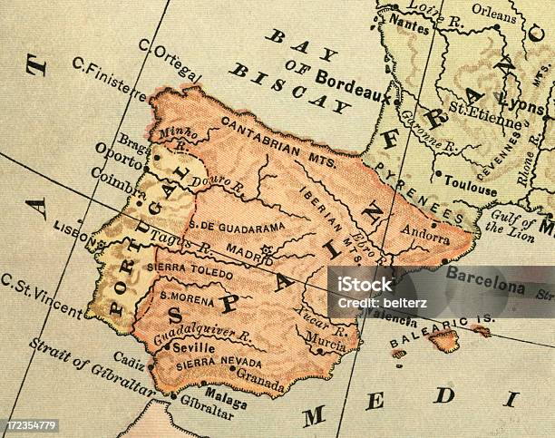 Antica Mappa Della Spagna - Fotografie stock e altre immagini di Portogallo - Portogallo, Spagna, Barcellona - Spagna