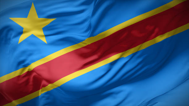 vista ravvicinata della bandiera nazionale della repubblica democratica del congo che sventola al vento. - congolese flag foto e immagini stock