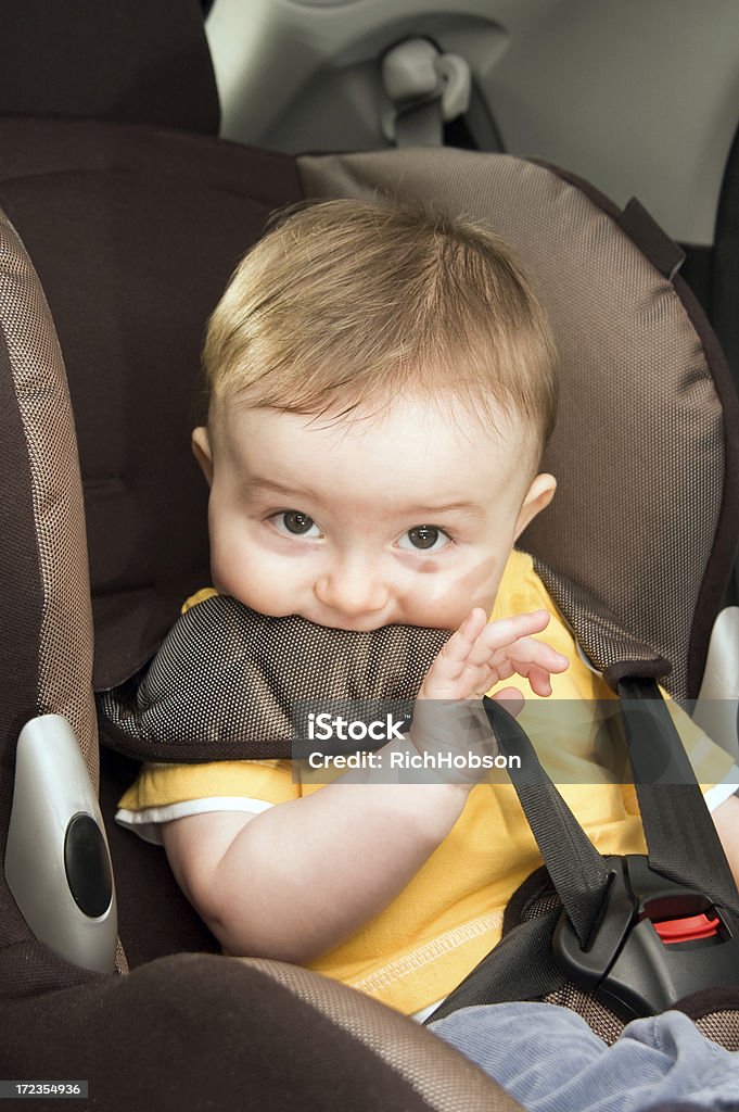 Baby in Car seat "Baby, 9 months old, in car safety seat. Chewing harness." 6-11 Months Stock Photo