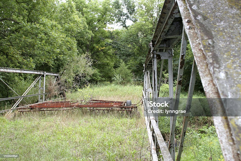 Rural bridge closed to traffic Iowa rural scene in summer - old bridge on closed dirt road. Abandoned Stock Photo