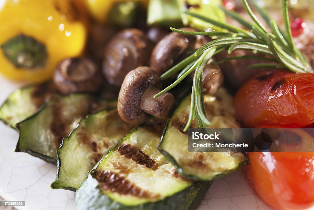Grilled vegetables "Grilled vegetables- mushrooms,tomato,pepper, zucchini slices and green beans" Barbecue - Meal Stock Photo