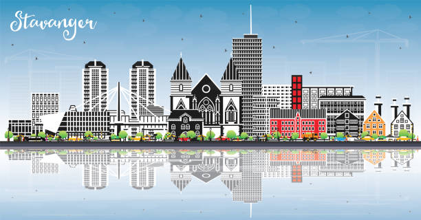 ilustrações de stock, clip art, desenhos animados e ícones de stavanger norway city skyline with color buildings, blue sky and reflections. stavanger cityscape with landmarks. business travel and tourism concept with historic architecture. - scandinavian church front view norway