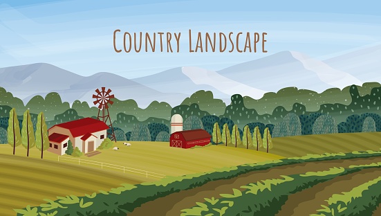 Country farm landscape. Cover with home and mountains. Spring or summer picture. Nature scenic scenery. Countryside panorama. Forest and flowers. Agriculture fields. Vector illustration background