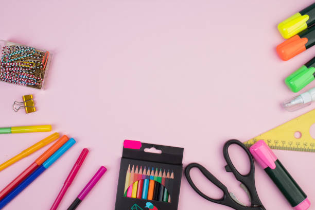 istock Back to school. Stationery on a pink table. Office desk with copy space. Flat lay. 1723580277
