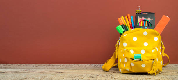 istock Yellow backpack with white polka dots with different colorful stationery on table. Brown background. Back to school. Banner design. 1723580305