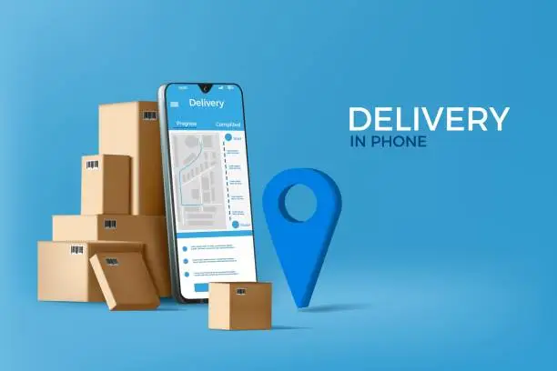 Vector illustration of 3d parcel box, delivery in phone. Fast cargo service, mobile truck or logistic for address, package location. Web banner or landing page, smartphone app. Vector illustration concept