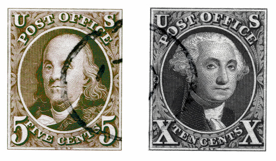 The first two United States postage stamps issued in 1847. The five cent depicting Benjamin Franklin and the ten cent depicting George Washington.
