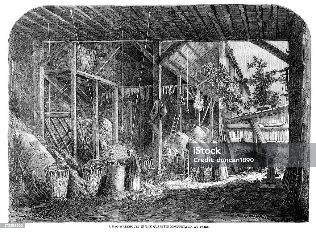 Rag Warehouse, Paris, France "Vintage engraving from 1861 of a rag (textile) warehouse in the quarter Mouffetard, Paris, France" 1860-1869 stock illustration