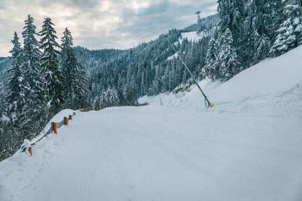 istock Prepared ski slope with snow cannons 1723596379