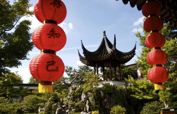 Formal Chinese gardens with lanterns and Asian style house