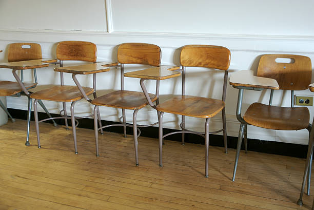 istock School Classroom with Row of Empty Old-Fashioned Desk Chairs 172359771