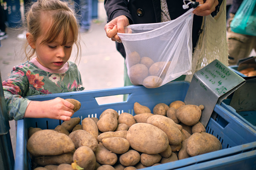 Small cute girl shopping at the farmersmarket for potato using reusable bags. Sustainability and zero waste concepts.