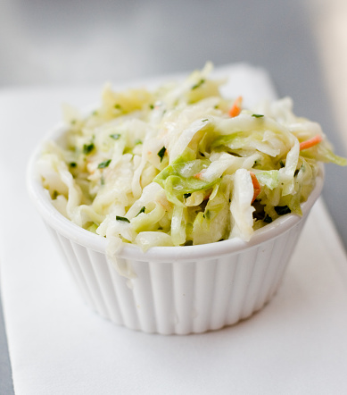 Freshly made cole slaw (cabbage salad) at an American barbecue restaurant.
