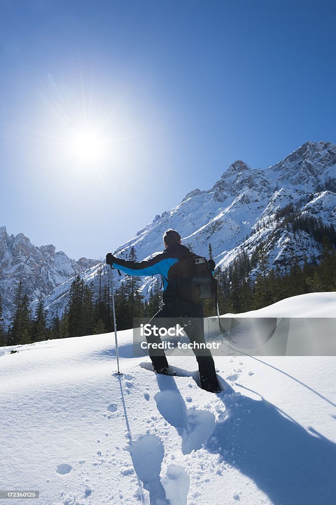 Adulto homem em caminhada nas montanhas com o calçado para neve - Foto de stock de Adulto royalty-free