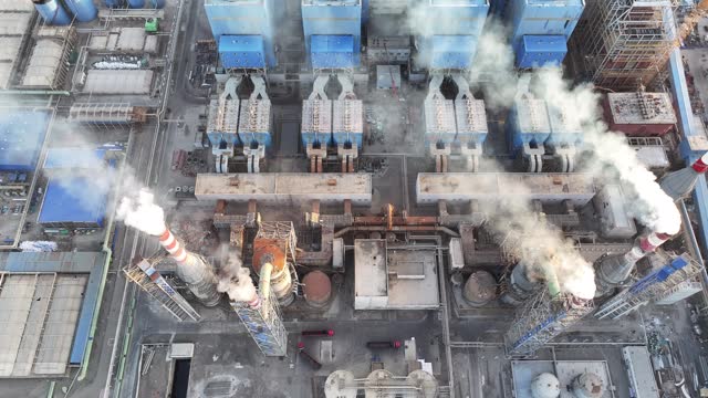 Drone Aerial Photography: The Magnificent Landscape of Chimneys in a Chemical Plant