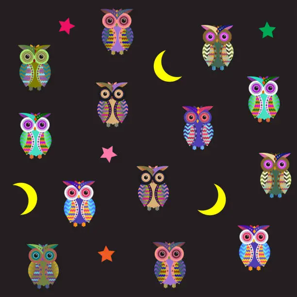 Vector illustration of Seamless pattern colorful owls background in cartoon style. Illustrator vector. Use as wallpaper, background, fabric pattern, website. EPS10