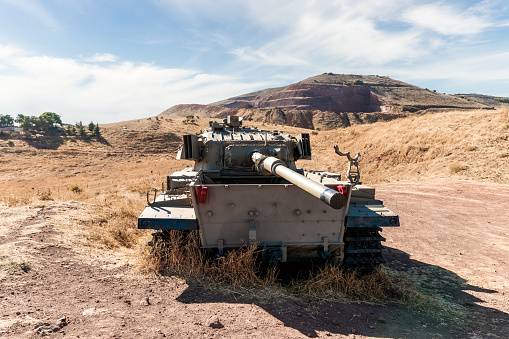 A Israeli tank destroyed during Yom Kippur War is located in Valley of Tears near OZ 77 Tank Brigade Memorial on the Golan Heights in northern Israel