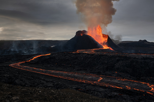 Volcanic eruption explosion and lava flow in Fagradalsfjall, Reykjanes Peninsula, Iceland