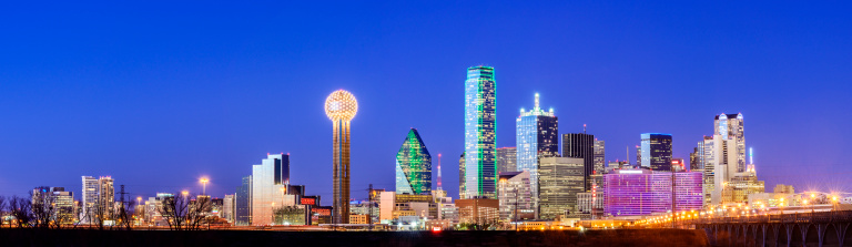 Panoramic view of the Dallas skyline at twilight, USA