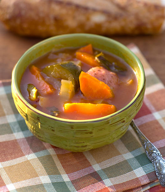 istock Baguette Bread & Vegetarian Vegetable Soup Bowl, Healthy Dinner 172361866