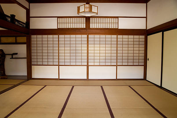 Plain brown Japanese style room with shutters stock photo