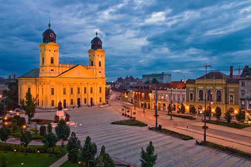 Illuminated city hall in Debrecen, Hungary