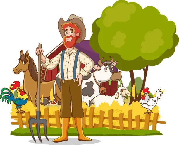 Vector illustration of vector illustration of happy farmer family and farm animals