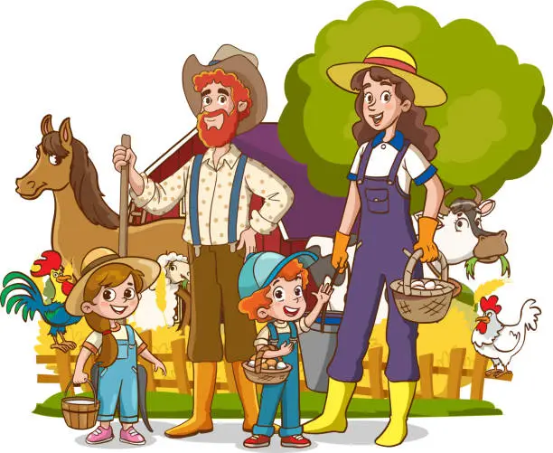 Vector illustration of vector illustration of happy farmer family and farm animals