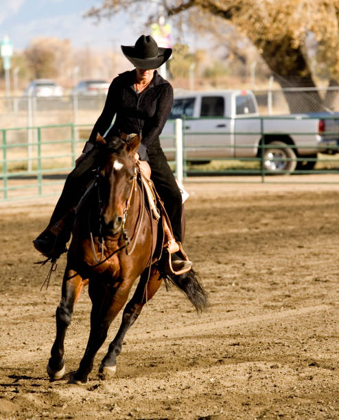 Absolute Concentratiion An attractive Cowgirl concentrates on the perfect ride. Model Release.Click on an image to go to my Horses Lightbox. horse jumping front stock pictures, royalty-free photos & images