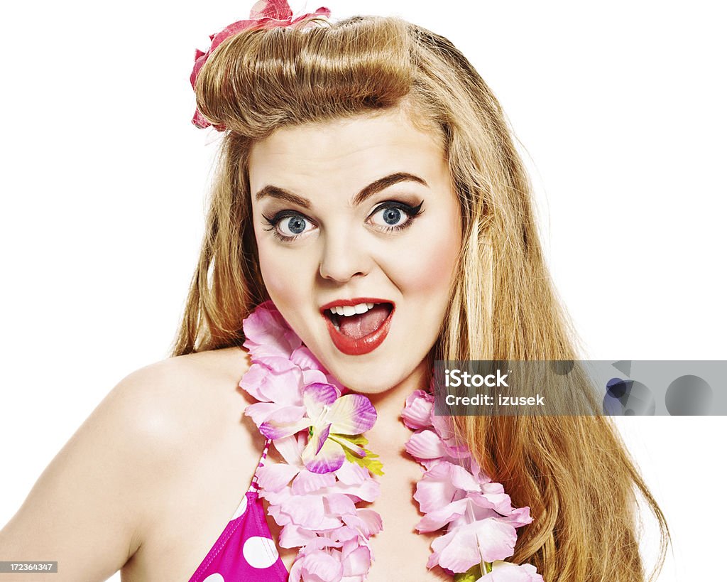 Excited Summer Girl Portrait of excited young woman wearing flower garlands and screaming. 18-19 Years Stock Photo