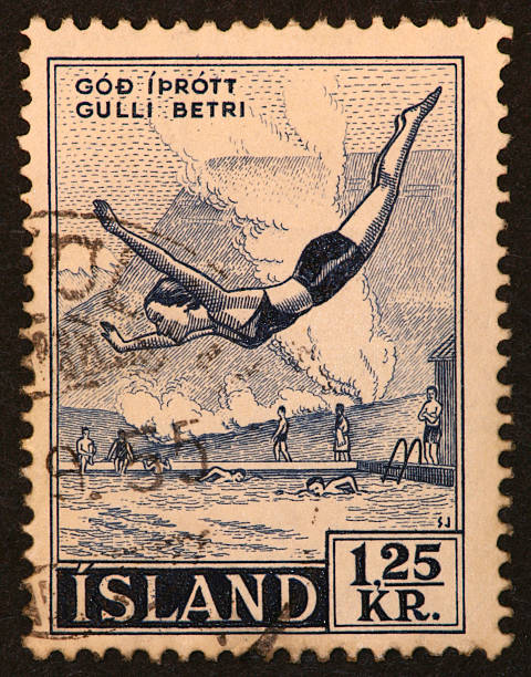 postage stamp from Iceland showing swimmers and a diving woman.