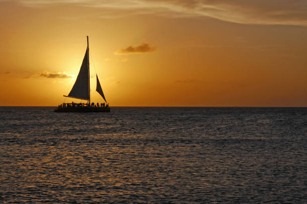 barca a vela al tramonto - sailing sailboat sunset aruba foto e immagini stock