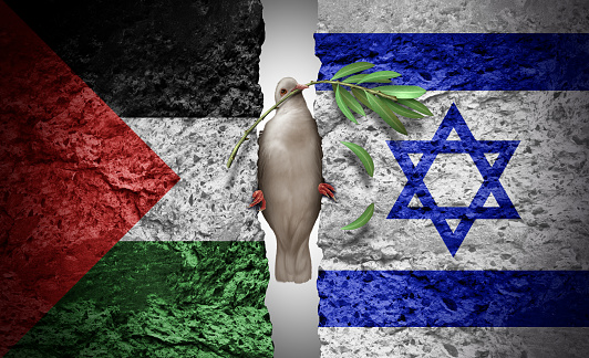 Palestine and Israel crisis as a geopolitical conflict and war between the Palestinian and Israeli people and Middle East security concept and struggling finding a diplomatic agreement.