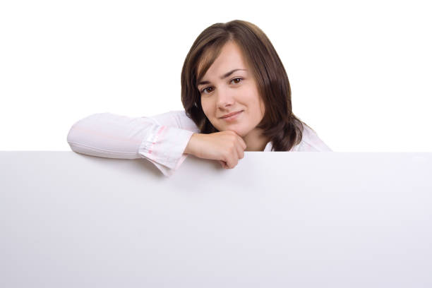 istock young beautiful caucasian woman with blank panel 172365930