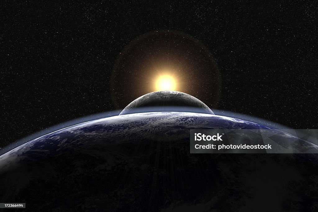 Sun, moon y tierra alineados (con visible starfield - Foto de stock de Superficie lunar libre de derechos