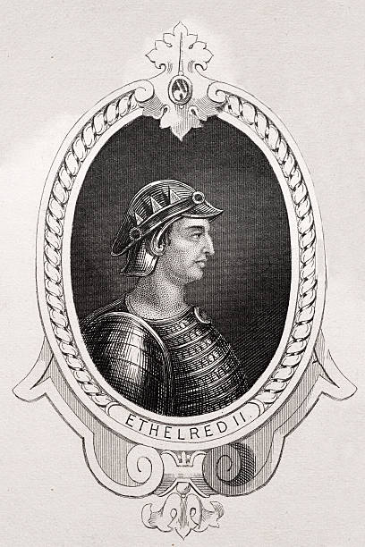 ilustrações, clipart, desenhos animados e ícones de ethelred a segunda cama king-size - crown king illustration and painting engraving