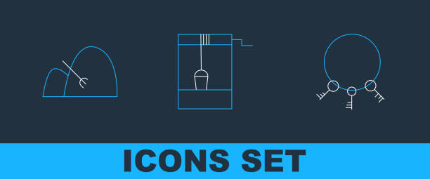 Set line Old keys, Bale of hay and rake and Well with bucket icon. Vector Set line Old keys Bale of hay and rake and Well with bucket icon. Vector. straw house stock illustrations