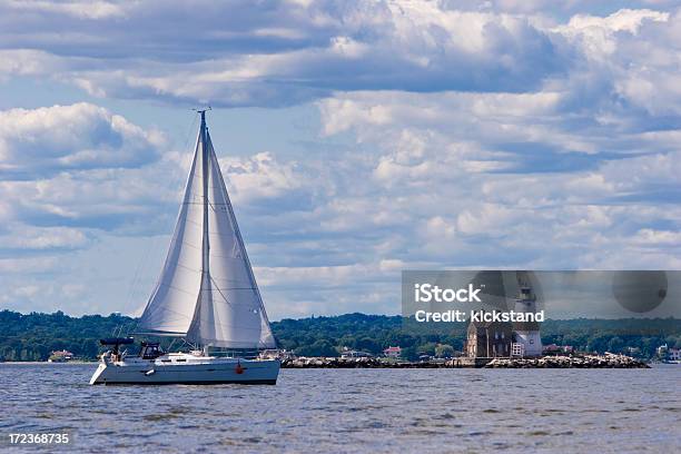 Long Island Sound Sailboat And Lighthouse Stock Photo - Download Image Now - Long Island, Long Island Sound, New York State