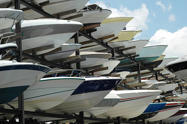 istock Motorboat hulls on dry dock racks. 172369857