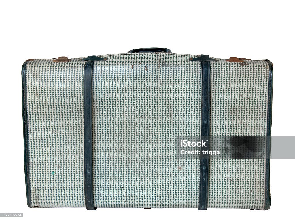 Battered retro suitcase A battered old retro suitcase on white background Backdrop - Artificial Scene Stock Photo