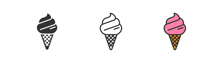 Ice cream in waffle cone vector icon. Hot summer symbol. Pink tasty dessert, Sweet summer delicacy, frozen yogurt. Outline, flat and colored style. Vector illustration.