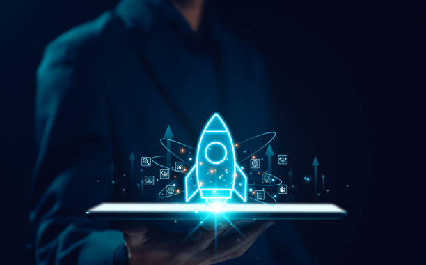 istock rocket starts flying up and the network line connection 1723707713