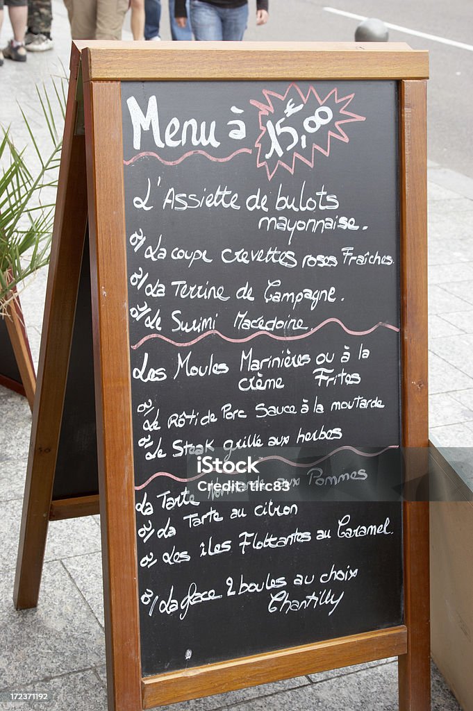 Typical french menus outside cafe Chalkboard - Visual Aid Stock Photo